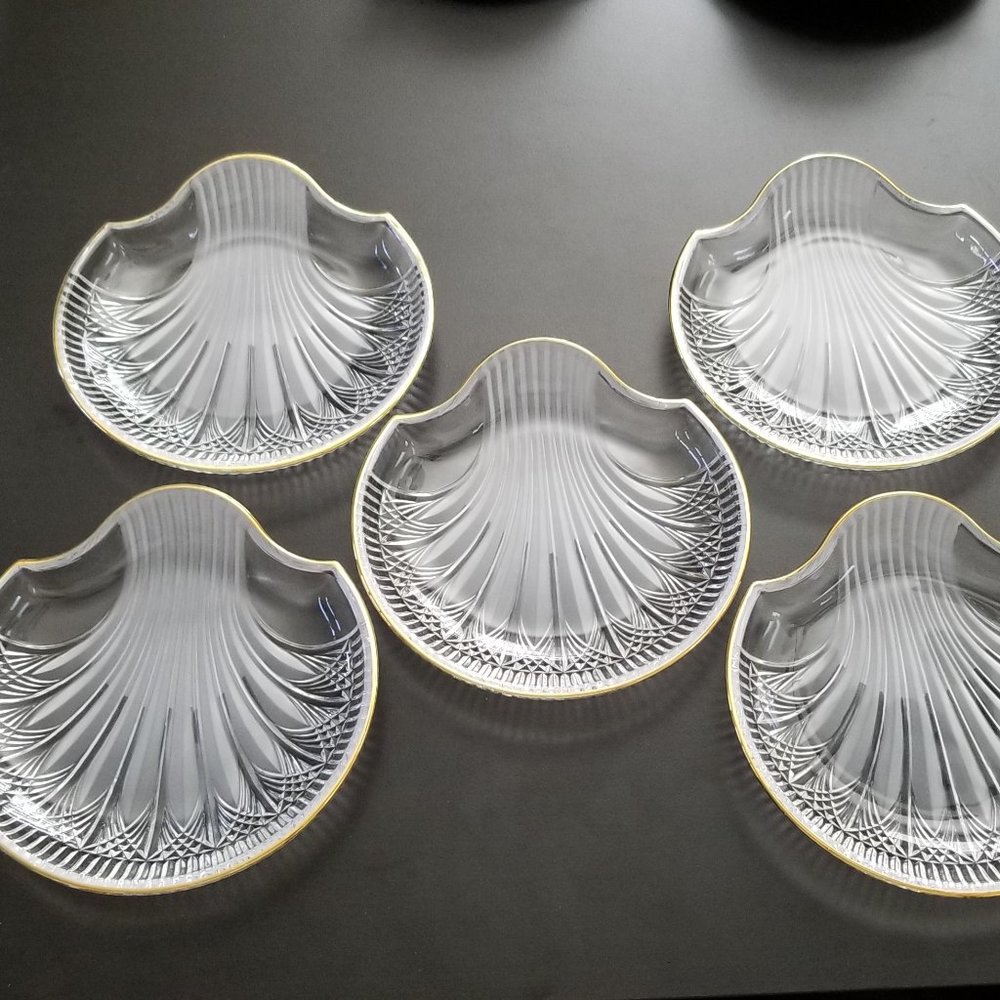 5 Crystal/Glass Clear Cut Shell Shape Dishes with Gold Tone Trim
